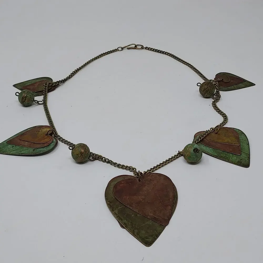 Vintage Artisan Copper Brass Verdigris Heart Ball Necklace Large Statement Piece